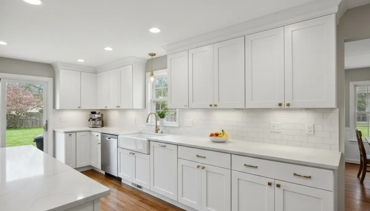 Refinished kitchen cabinets in Albany NY showcasing smooth, durable paint finish by local house painters