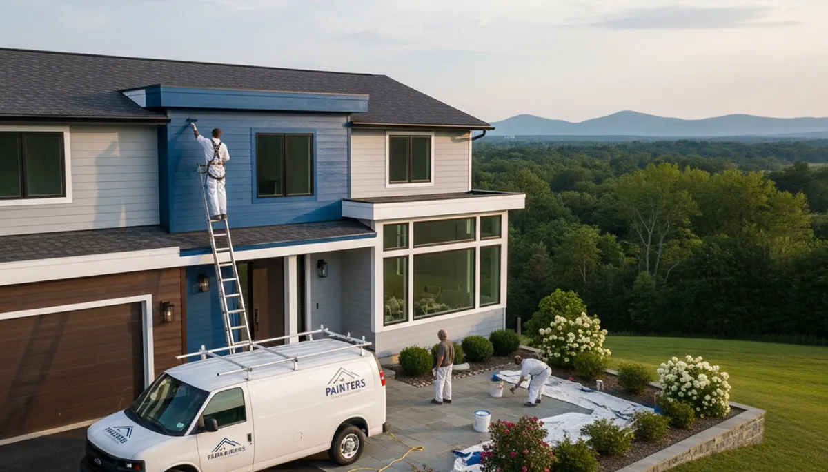 Professional house painters in Albany NY applying exterior paint to a residential home façade
