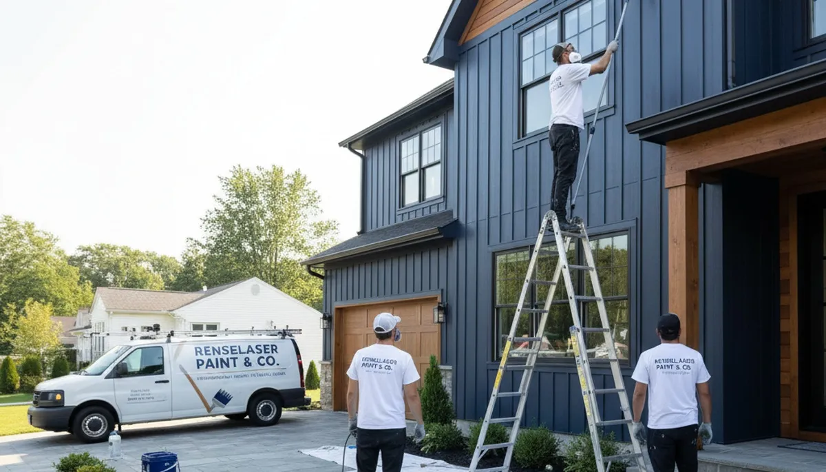 Professional house painters in Albany NY applying exterior paint to a residential home façade